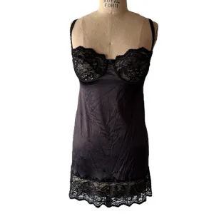 Vintage 70s Victorias Secret Black Silky Lace Slip