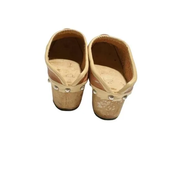 Vintage 80's Kids Handmade Leather Wood Victorian Work Clogs Caramel Brown