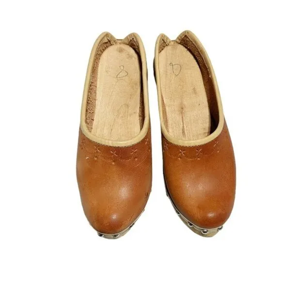 Vintage 80's Kids Handmade Leather Wood Victorian Work Clogs Caramel Brown
