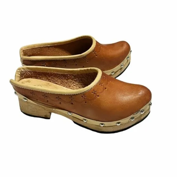 Vintage 80's Kids Handmade Leather Wood Victorian Work Clogs Caramel Brown