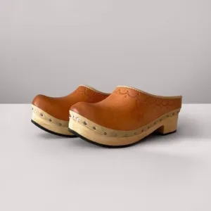 Vintage 80's Kids Handmade Leather Wood Victorian Work Clogs Caramel Brown