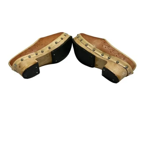 Vintage 80's Kids Handmade Leather Wood Victorian Work Clogs Caramel Brown