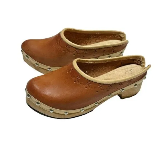 Vintage 80's Kids Handmade Leather Wood Victorian Work Clogs Caramel Brown