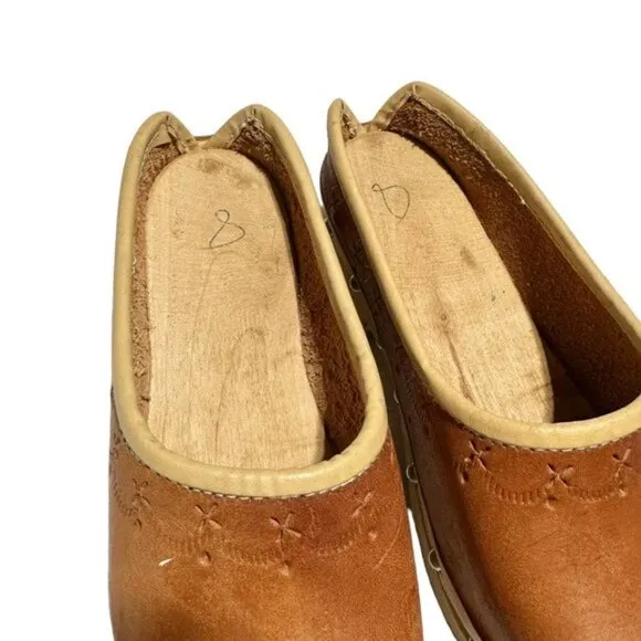 Vintage 80's Kids Handmade Leather Wood Victorian Work Clogs Caramel Brown