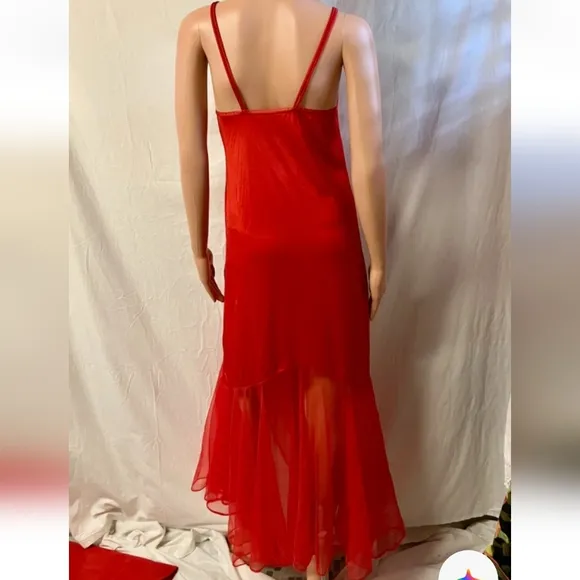 Vintage 80s Undercover Wear 100% Nylon Red Satin &amp; Chiffon Maxi Fit &amp; Flare Slip