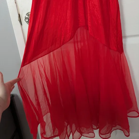 Vintage 80s Undercover Wear 100% Nylon Red Satin &amp; Chiffon Maxi Fit &amp; Flare Slip
