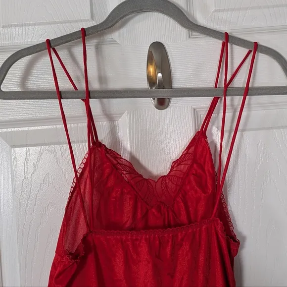 Vintage 80s Undercover Wear 100% Nylon Red Satin &amp; Chiffon Maxi Fit &amp; Flare Slip