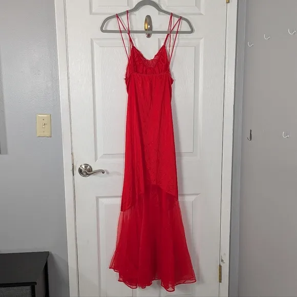 Vintage 80s Undercover Wear 100% Nylon Red Satin &amp; Chiffon Maxi Fit &amp; Flare Slip