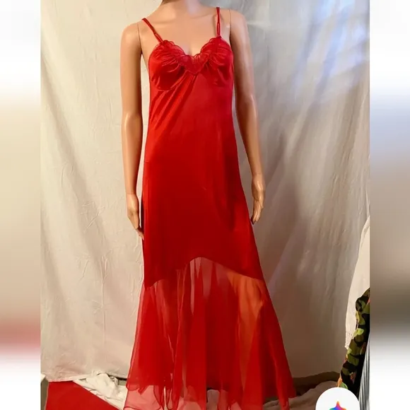 Vintage 80s Undercover Wear 100% Nylon Red Satin &amp; Chiffon Maxi Fit &amp; Flare Slip