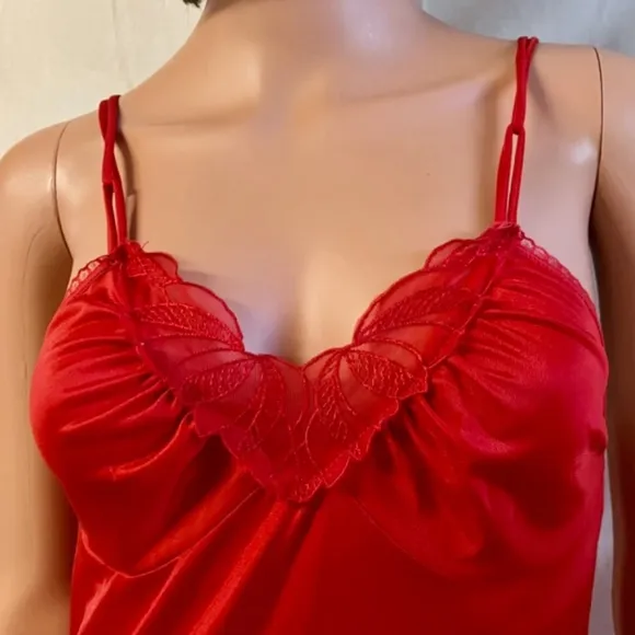 Vintage 80s Undercover Wear 100% Nylon Red Satin &amp; Chiffon Maxi Fit &amp; Flare Slip