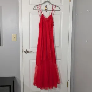 Vintage 80s Undercover Wear 100% Nylon Red Satin &amp; Chiffon Maxi Fit &amp; Flare Slip
