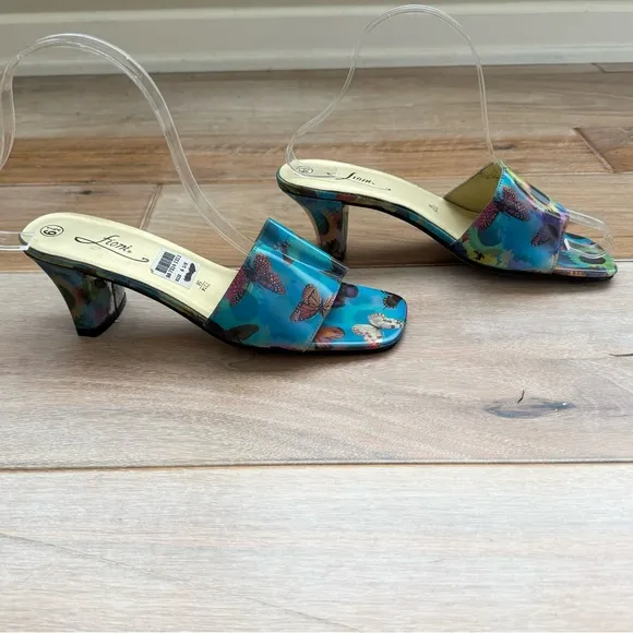 Vintage 90s Fioni Holographic Butterfly Sunflower Heels Mules Shoes Rave 6.5