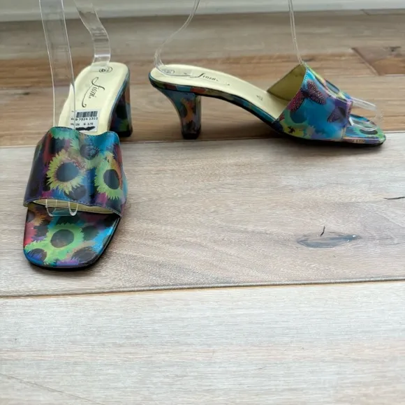 Vintage 90s Fioni Holographic Butterfly Sunflower Heels Mules Shoes Rave 6.5