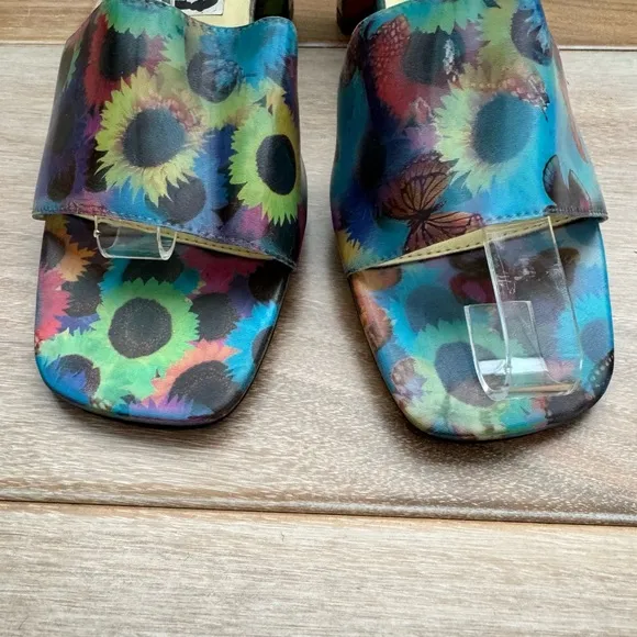 Vintage 90s Fioni Holographic Butterfly Sunflower Heels Mules Shoes Rave 6.5