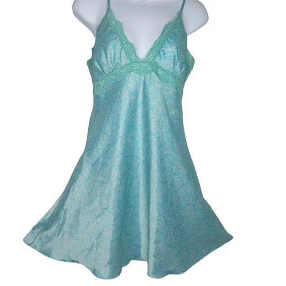 Vintage 90s Jonathan Martin Peignoir Set M Blue Short Slip Nightgown Robe Satin