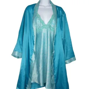 Vintage 90s Jonathan Martin Peignoir Set M Blue Short Slip Nightgown Robe Satin