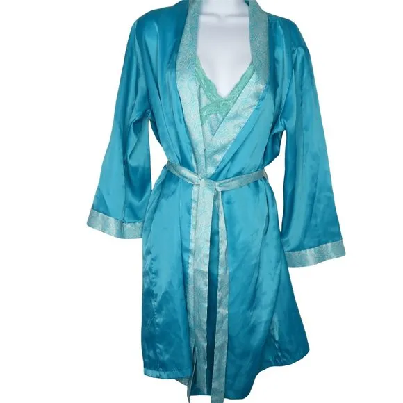 Vintage 90s Jonathan Martin Peignoir Set M Blue Short Slip Nightgown Robe Satin