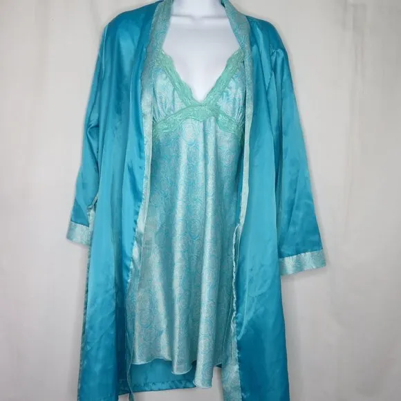 Vintage 90s Jonathan Martin Peignoir Set M Blue Short Slip Nightgown Robe Satin