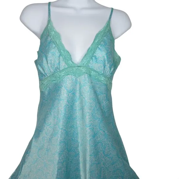 Vintage 90s Jonathan Martin Peignoir Set M Blue Short Slip Nightgown Robe Satin