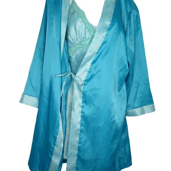 Vintage 90s Jonathan Martin Peignoir Set M Blue Short Slip Nightgown Robe Satin
