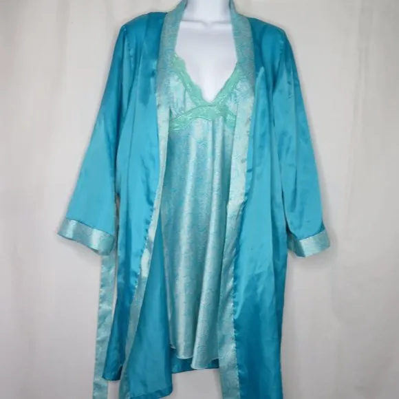 Vintage 90s Jonathan Martin Peignoir Set M Blue Short Slip Nightgown Robe Satin
