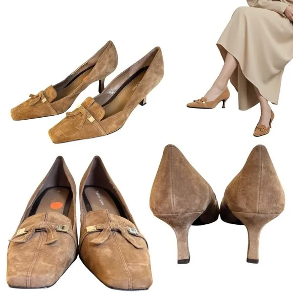 VINTAGE 90'S Y2K ETIENNE AIGNER BROWN SUEDE BOW KITTEN HEELS PUMPS 9.5