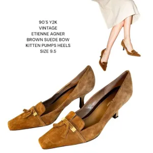 VINTAGE 90'S Y2K ETIENNE AIGNER BROWN SUEDE BOW KITTEN HEELS PUMPS 9.5