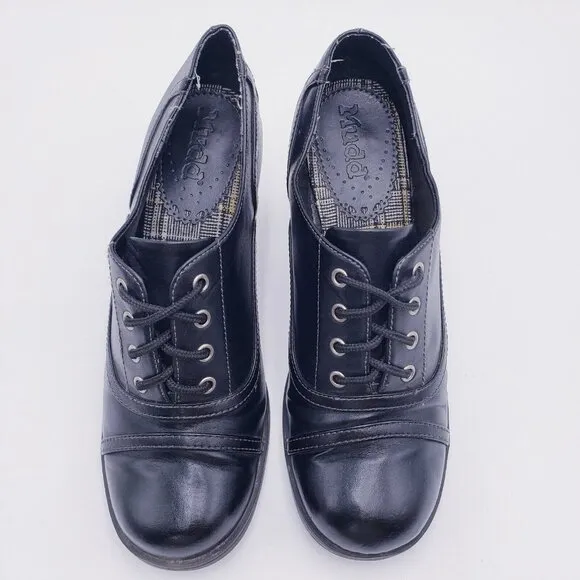 Vintage 90s y2k Mudd Floppy Black Vegan Faux Leather Heeled Cap Toe Oxfords 8.5