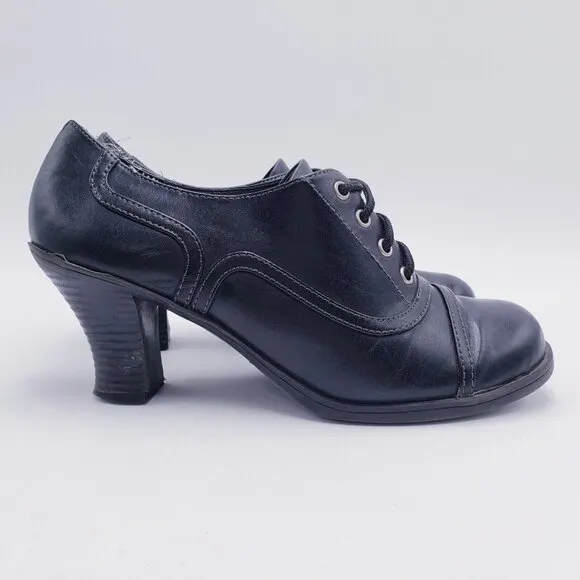 Vintage 90s y2k Mudd Floppy Black Vegan Faux Leather Heeled Cap Toe Oxfords 8.5