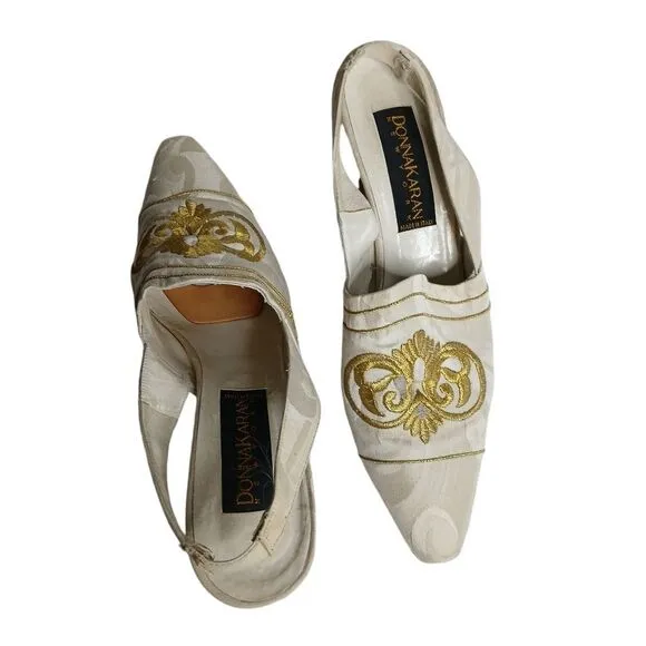 Vintage Black Label Donna Karan Italian Coll. Gold Slip On Mules
