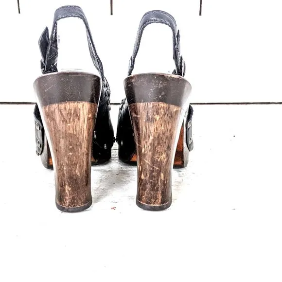 Vintage black leather high heel wooden clogs