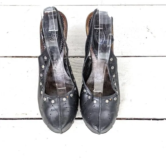 Vintage black leather high heel wooden clogs