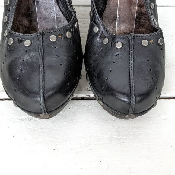 Vintage black leather high heel wooden clogs