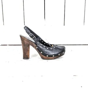 Vintage black leather high heel wooden clogs
