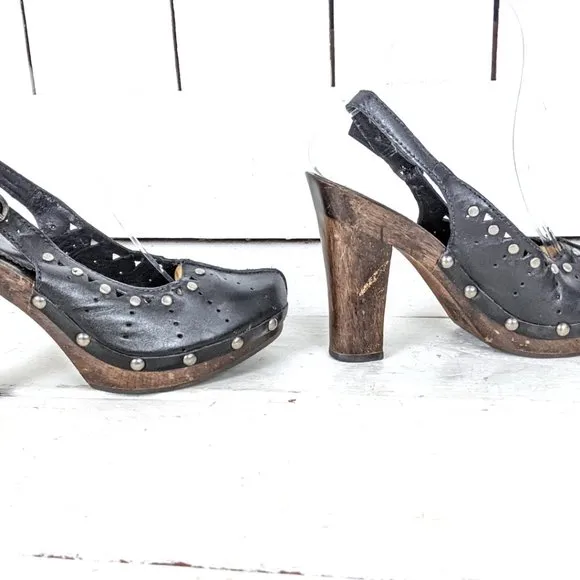 Vintage black leather high heel wooden clogs