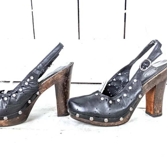 Vintage black leather high heel wooden clogs