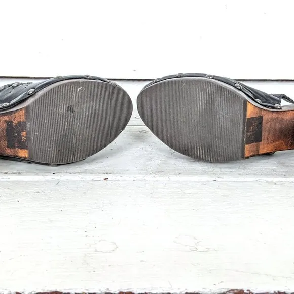 Vintage black leather high heel wooden clogs