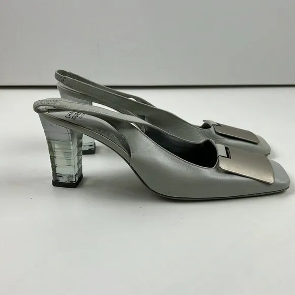 Vintage Charles Jourdan Paris Women's Silver Slingback with Lucite Heels