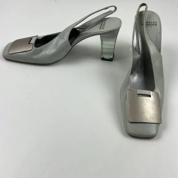 Vintage Charles Jourdan Paris Women's Silver Slingback with Lucite Heels