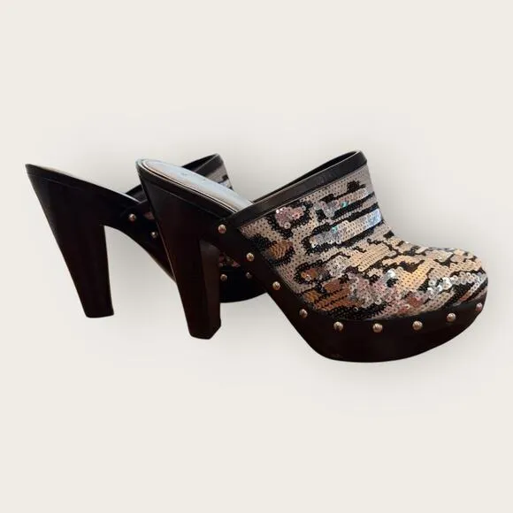Vintage Coach Bacall Leopard Sequin Platform Clogs