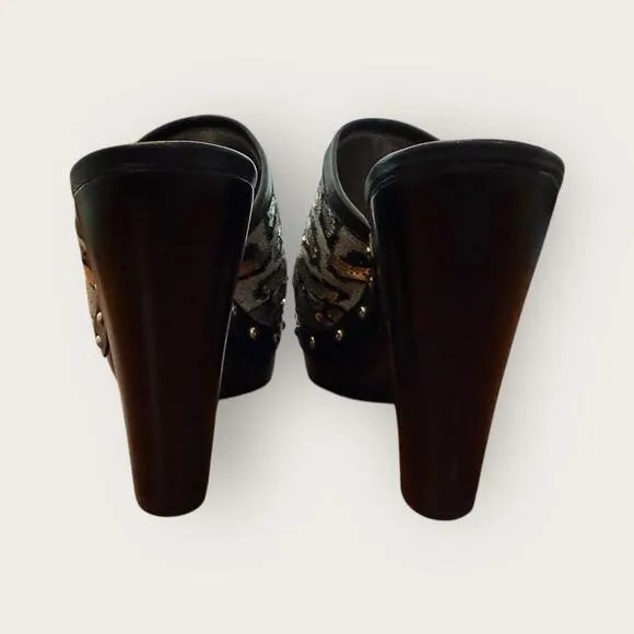 Vintage Coach Bacall Leopard Sequin Platform Clogs