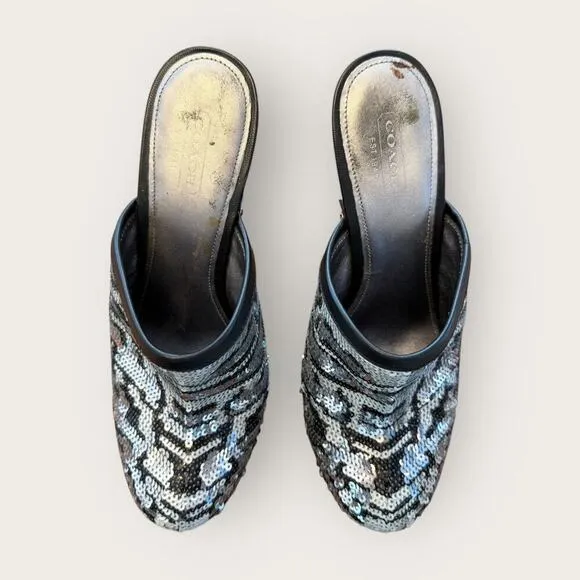 Vintage Coach Bacall Leopard Sequin Platform Clogs