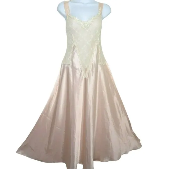 Vintage Delicates Sweeping Slip Nightgown S Peach Lace Satin Intimate Victorian