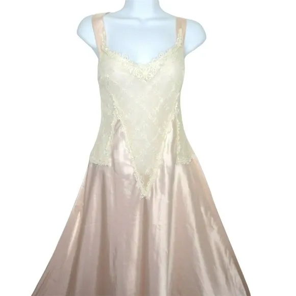 Vintage Delicates Sweeping Slip Nightgown S Peach Lace Satin Intimate Victorian