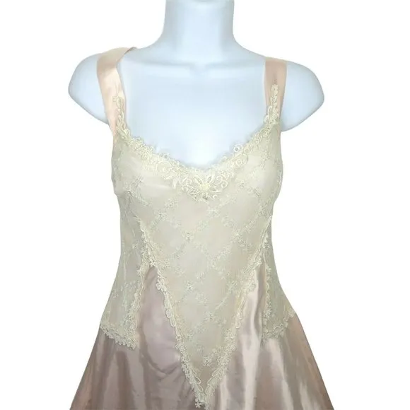 Vintage Delicates Sweeping Slip Nightgown S Peach Lace Satin Intimate Victorian