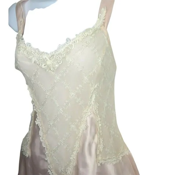 Vintage Delicates Sweeping Slip Nightgown S Peach Lace Satin Intimate Victorian