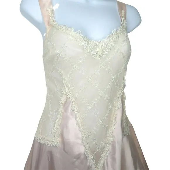 Vintage Delicates Sweeping Slip Nightgown S Peach Lace Satin Intimate Victorian