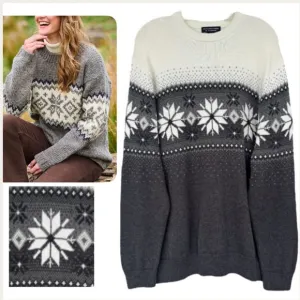 Vintage Fair Isle Sweater Nordic Winter Snowflake Cotton Knit Gray Size Large