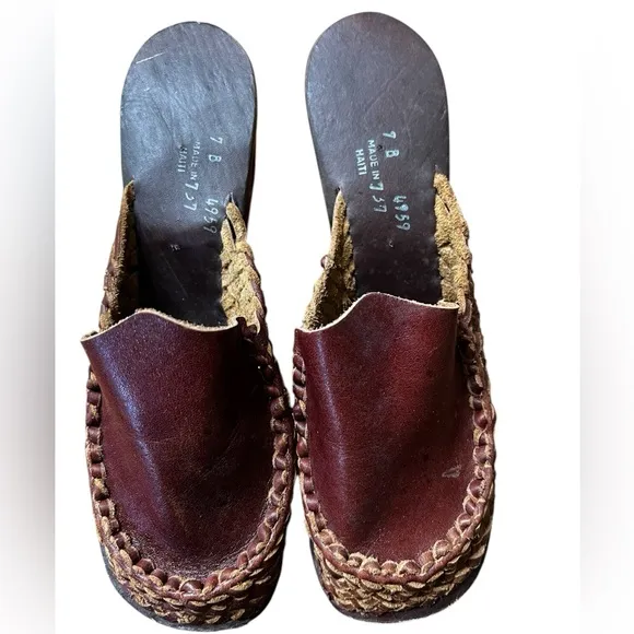 Vintage Haitian Handcrafted Leather WovenClogs | Size 7B (approx age 1975-78)