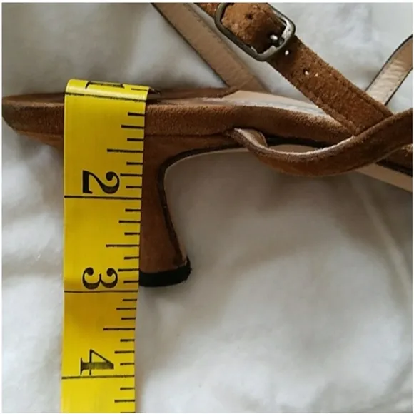 Vintage Manolo Blahnik strappy tan brown suede t strap ankle strap kitten heels